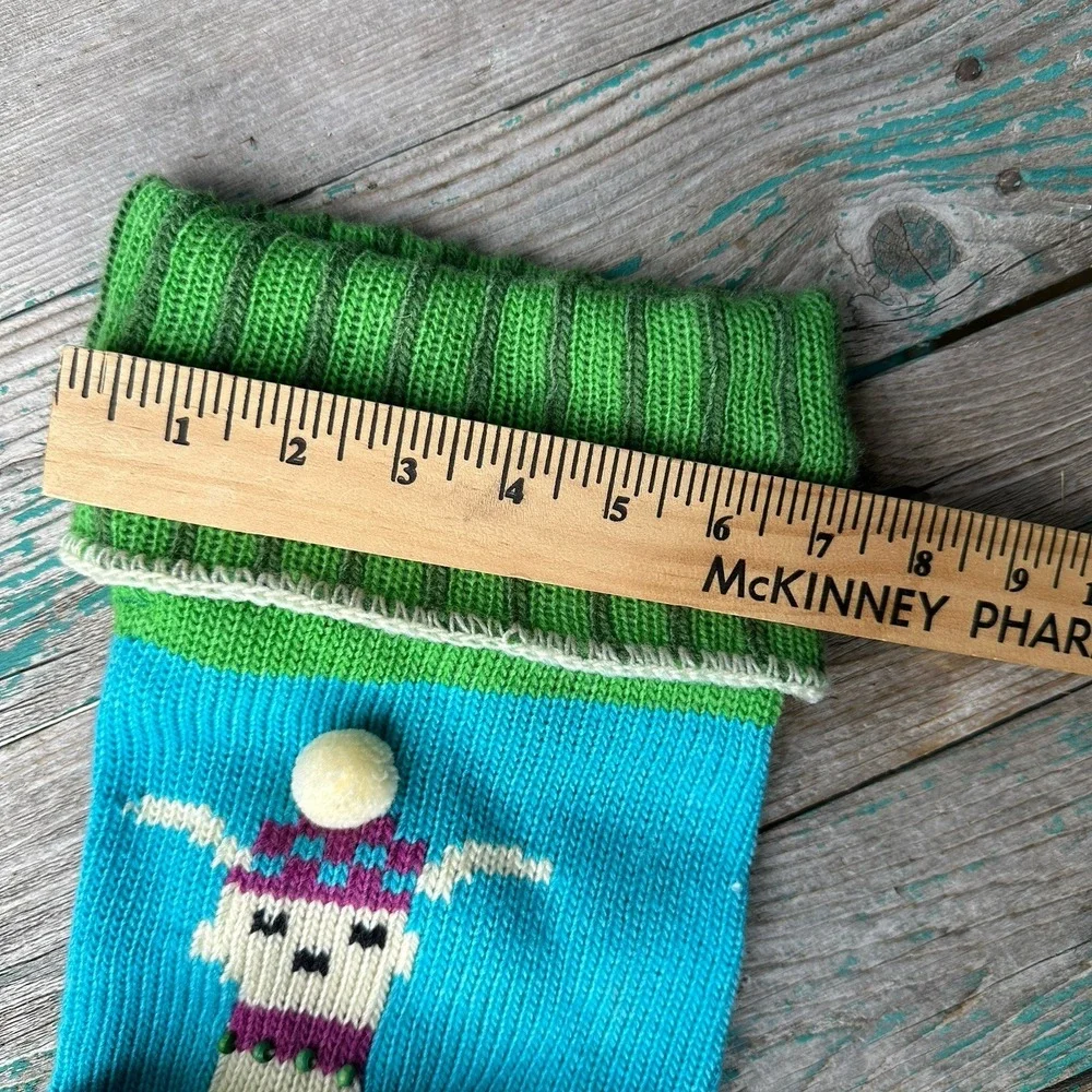 Vintage Hand Knitted Llama‎ Christmas Stocking 21 Inch Beads Accent Green Blue